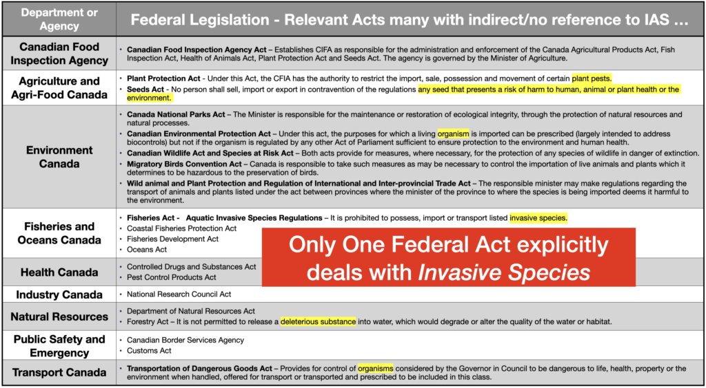 This is a table of Federal Departments and Acts that are related to Invasive Alien Species showing that only the Fisheries Act explicitly deals with Invasive Species.