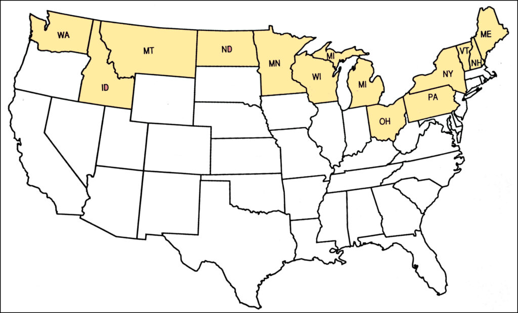 map of USA with Canada border states highlighted