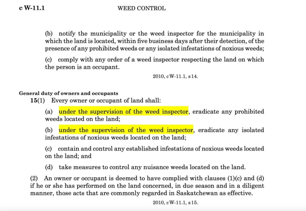 image of exerpt from Saskatchewan weed control act