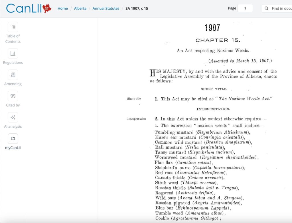 screenshot of Alberta's noxious weeds act from https://www.canlii.org/.../sa.../latest/sa-1907-c-15.html