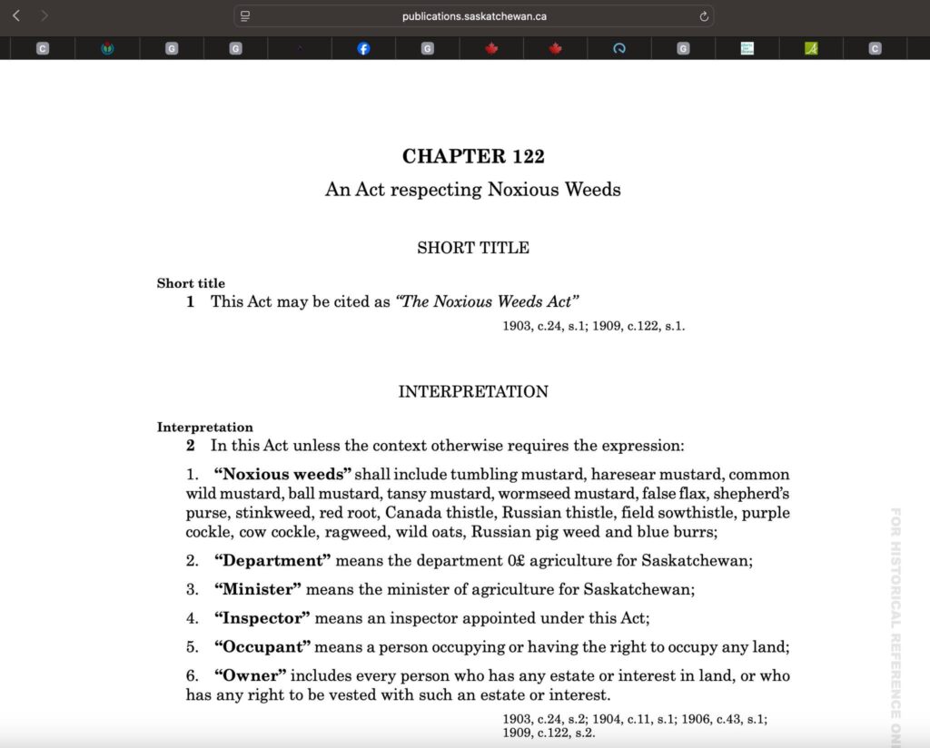 screenshot of Saskatchewan noxious weeds act