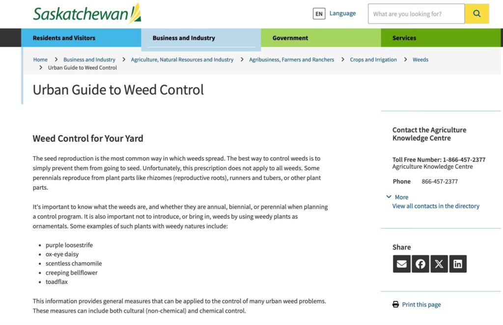 screenshot of Saskatchewan's Urban Guide to Weed Control from https://www.saskatchewan.ca/.../urban-guide-to-weed-control